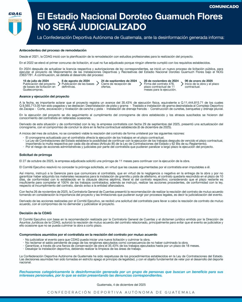 La Confederación Deportiva Autónoma de Guatemala a la opinión pública informa que el Estadio Nacional Doroteo Guamuch Flores 𝗡𝗢 será judicializado.

➡ 
